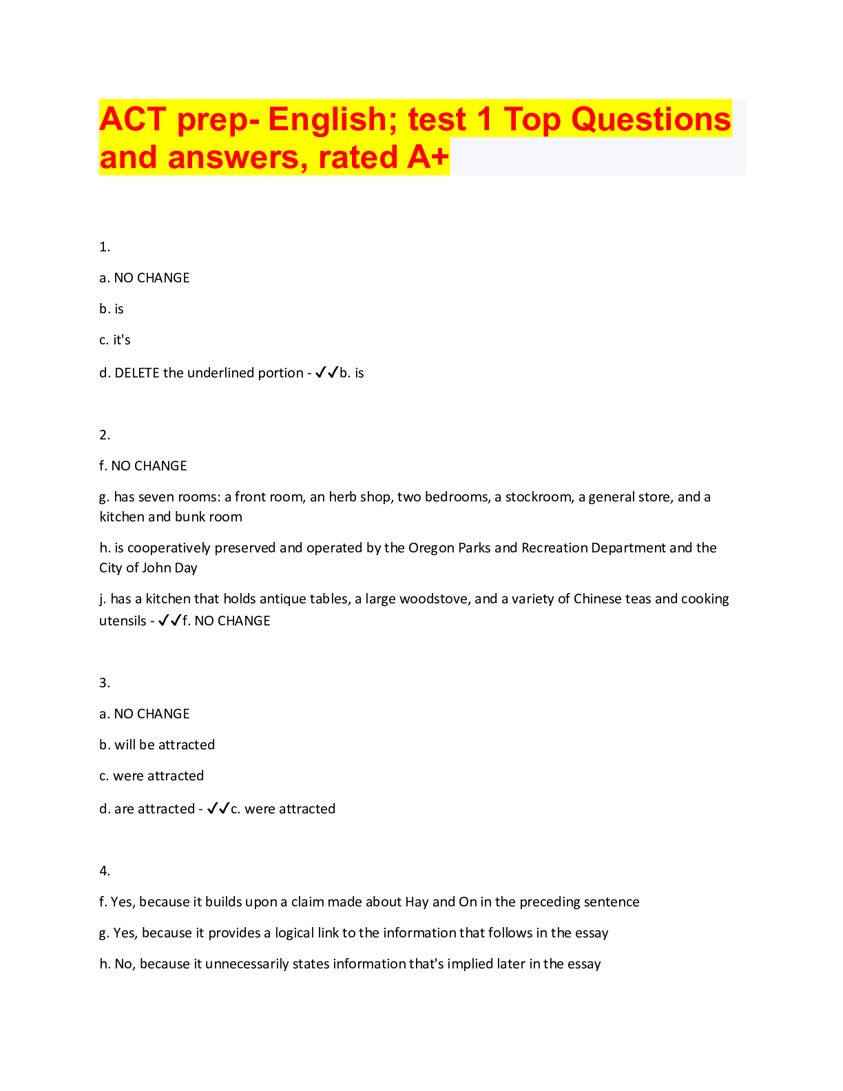 Preview image for ACT prep- English; test 1 Top Questions  and answers, rated A+
